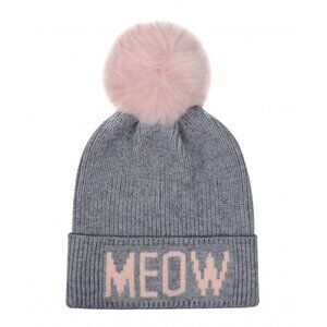 Grey Soft Knitted Meow Faux Fur Pom Pom Beanie Hat Cat Lover Kitty Winter Cozy